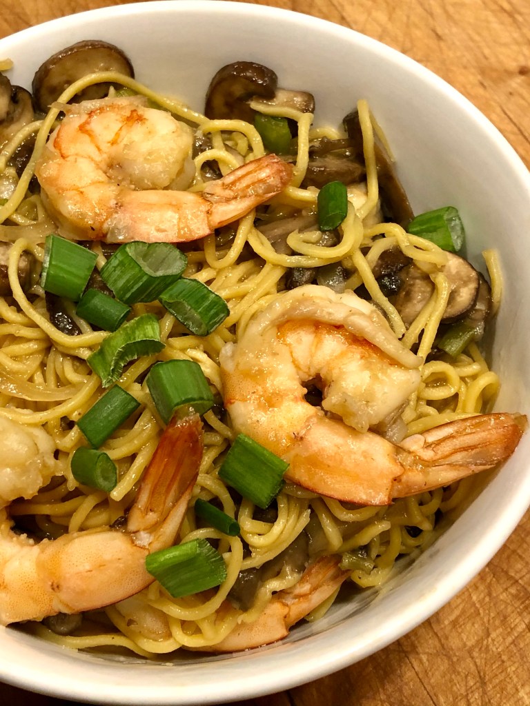 Mushroom Shrimp Ramen in a bowl, topped with green onions