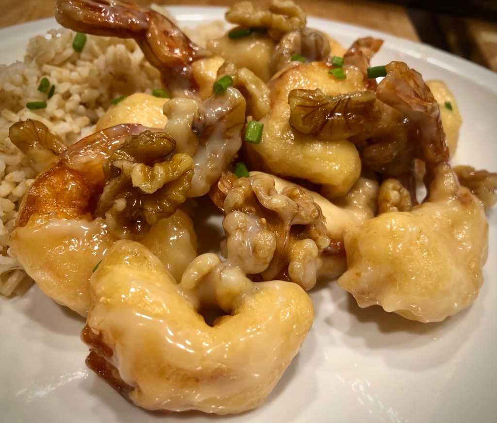 Honey Walnut Shrimp served with brown rice and chopped chives 